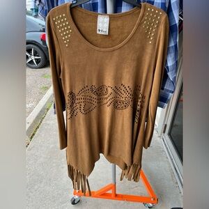 Vocal Tan Studded Fringe Tunic with cutout on waist